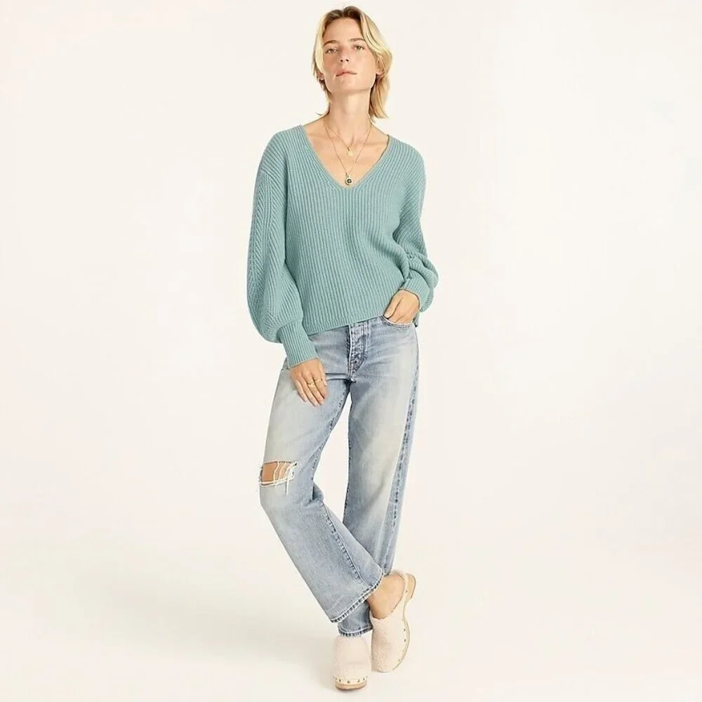 NWT J.Crew Cashmere Balloon-sleeve V-neck Sweater in Dusty Mint XL $228